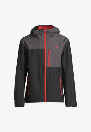 Musta ja harmaa vedenpitävä takki hupulla, jossa on punaiset vetoketjut, rintatasku ja erottuva paneelimuotoilu yläosassa.