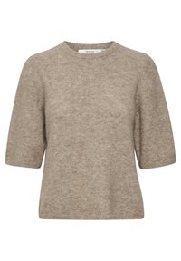 Beige Kurzarmpullover aus weichem Strickmaterial mit rundem Ausschnitt und lässiger Passform sowie subtiler Textur.