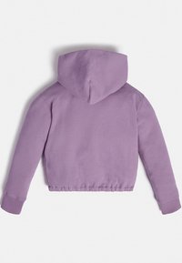 Sudadera corta morada hecha de un tejido suave, con capucha, puños acanalados y cintura elástica. La vista trasera muestra una textura suave y costuras mínimas.