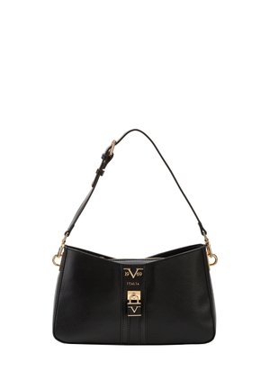 Zwarte lederen schoudertas met verstelbare riem, gouden sluiting en logo "V 1969 Italia" op het voorste middenstuk.