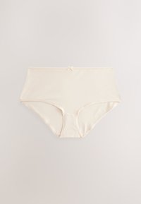 Light beige women's cotton underwear with a small bow at the center on a plain light background.