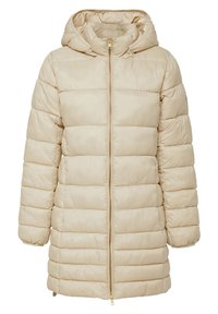 Veste matelassée beige avec capuche, design en losanges, fermeture éclair sur toute la longueur et poignets élastiqués. Matériau lisse et léger.