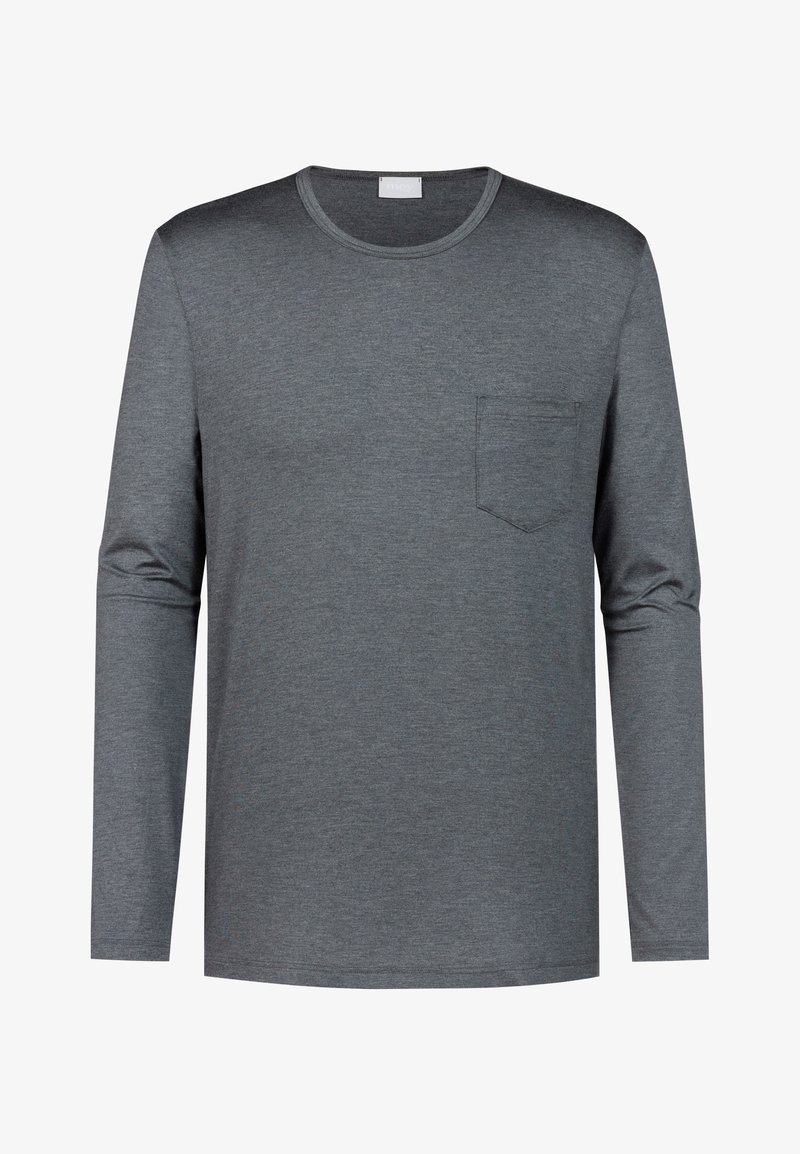 Harmaa pitkähihaine t-paita, joka on valmistettu pehmeästä kankaasta. Ominaisuuksiin kuuluu pyöreä kaula-aukko ja vasemmalla rinnalla tasku. Sileä pinta ja yksinkertainen muotoilu.