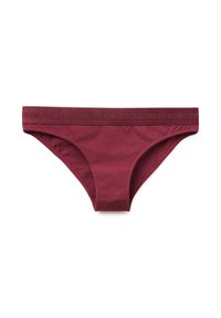 Bordeauxfarbene Baumwoll-Bikiniunterhosen mit einem Logo-Bund, der "UNITED COLORS OF BENETTON" entlang des Taillenbands zeigt; glatte Textur und minimalistisches Design.