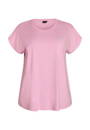 Hele roosa lühikeste varrukatega naiste t-särk ümmarguse kaelusega ja väikese peene logoga vasakul rinnal.