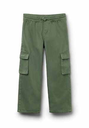 Pantalons cargo vert olive en coton avec une taille élastique. Dotés de deux poches latérales et d'une coupe décontractée.