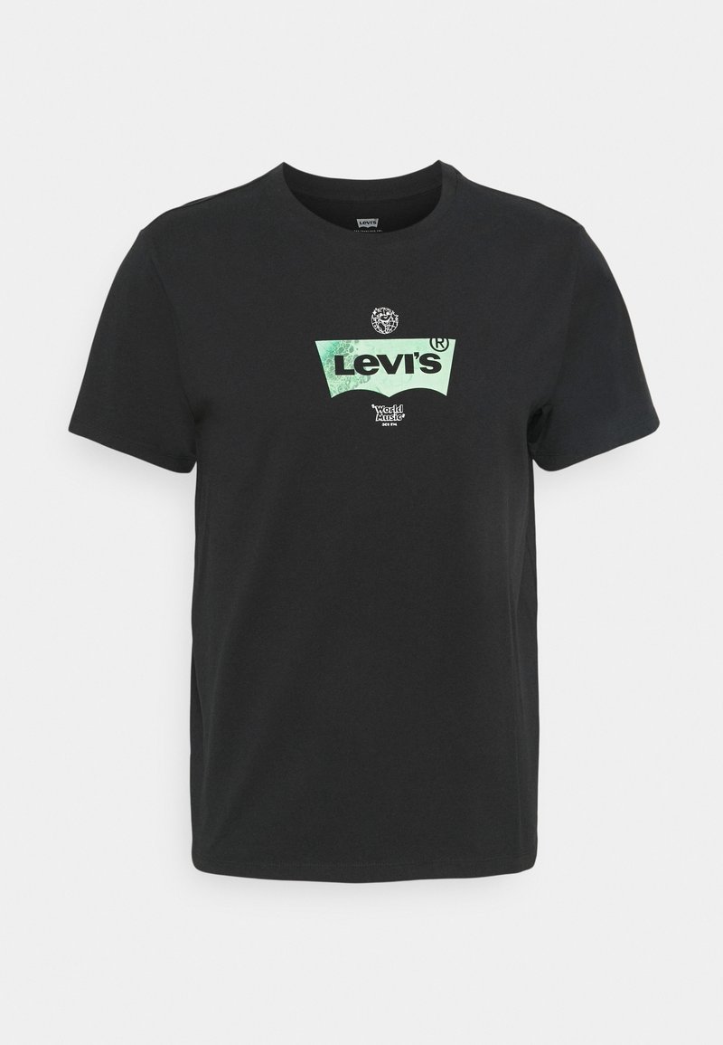 T-shirt en coton noir présentant un design logo Levi's vert avec un contour blanc et un texte en dessous. Col rond et manches courtes.