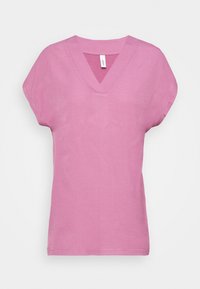 T-shirt a maniche corte con scollo a V in cotone rosa chiaro. Presenta una vestibilità comoda e una superficie liscia, con orlo cucito e senza stampe.
