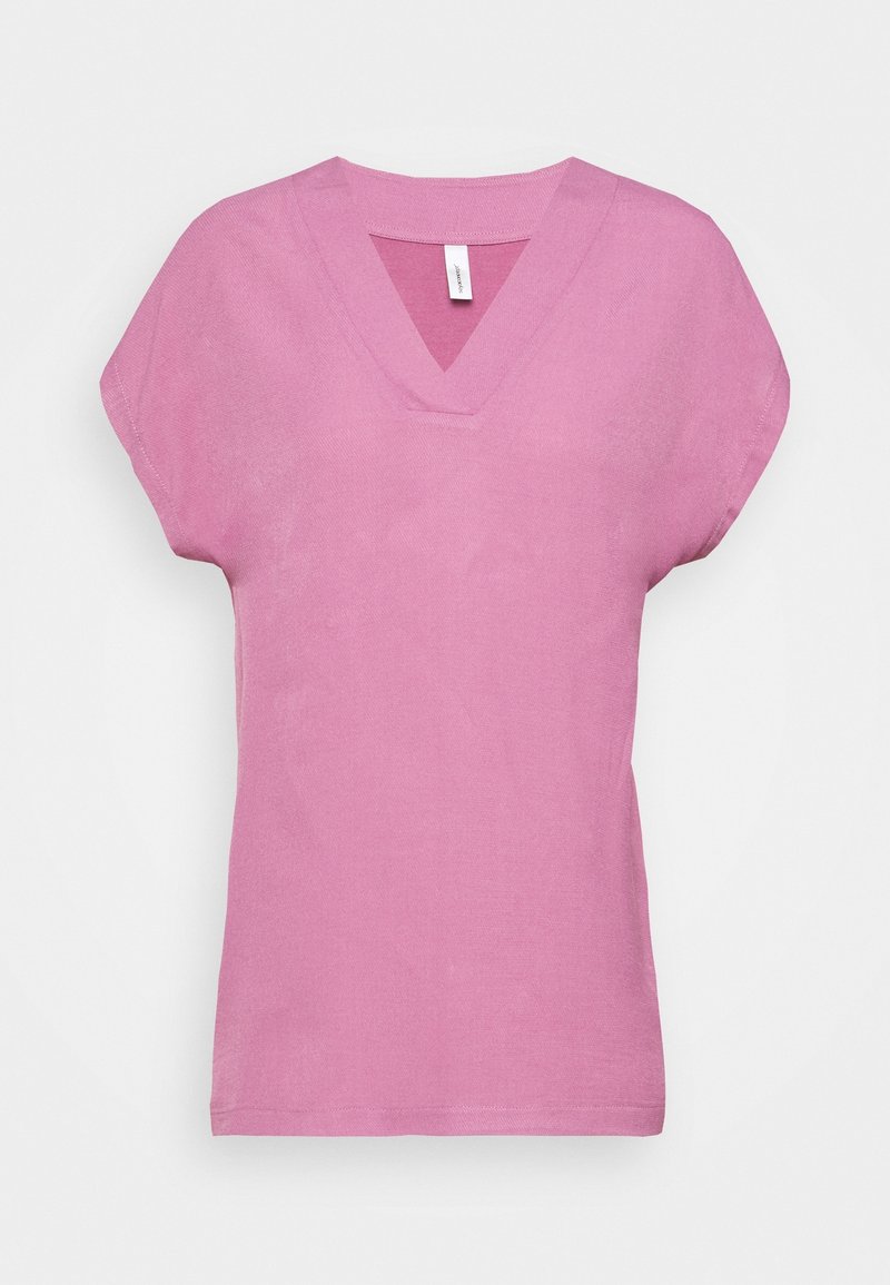 T-shirt a maniche corte con scollo a V in cotone rosa chiaro. Presenta una vestibilità comoda e una superficie liscia, con orlo cucito e senza stampe.