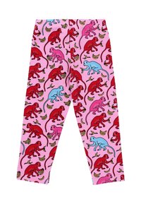 Legginsy z różowym tłem, w powtarzające się wzory czerwonych i niebieskich małpek oraz bananów, wykonane z miękkiego materiału w dopasowanym fasonie.