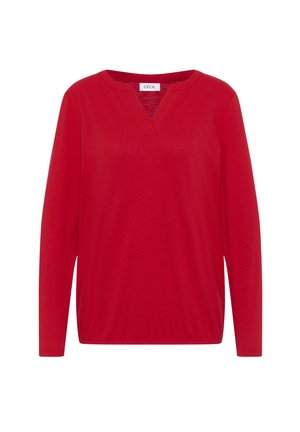 Maglietta rossa a maniche lunghe con scollatura a V, realizzata in un tessuto morbido, caratterizzata da una vestibilità rilassata e dettagli di cucitura minimi.