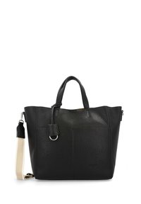 Black leather tote bag with textured surface, top handles, adjustable strap, and a front pocket. Features metal accents and a spacious design.