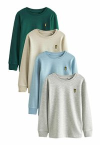 Vier langärmelige Sweatshirts in Grün, Beige, Hellblau und Grau. Sanfte Textur mit runden Ausschnitten und kleinen Logo-Akzenten auf jedem.