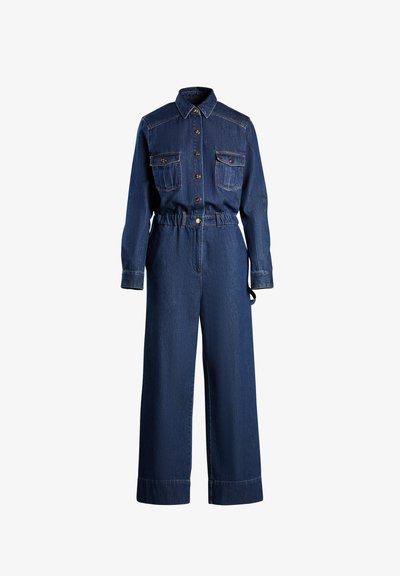 Denim overall s dolgimi rokavi, gumbasto zapiranje spredaj, dve žepni torbici na prsih, elastičen pas, širok kroj in temno modra barva.