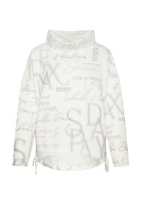 Top blanco de manga larga con cuello drapeado. Presenta una tela texturizada y frases impresas en varios colores, incluyendo gris y rosa. Con cintas ajustables en el dobladillo.