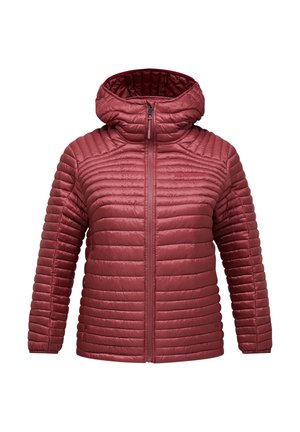 Rote gesteppte Kapuzenjacke mit durchgehendem Frontreißverschluss und horizontalen Steppnähten, entworfen für Wärme und den Außeneinsatz.