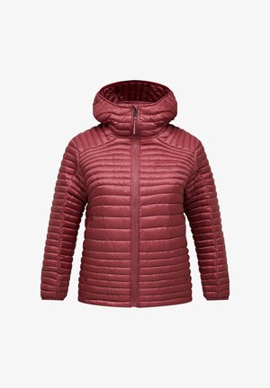 Rote gesteppte Kapuzenjacke mit durchgehendem Frontreißverschluss und horizontalen Steppnähten, entworfen für Wärme und den Außeneinsatz.