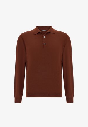 Bruine polo met lange mouwen van zacht materiaal. Heeft een kraag, drie knopen en ribbels aan de mouwen en onderkant. Glad textuur, minimalistisch design.