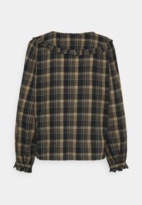 Karierte Bluse in Beige, Schwarz und Blau; mit einem voluminösen Kragen, langen Puffärmeln und geknöpften Bündchen. Hergestellt aus einem weichen Stoff.