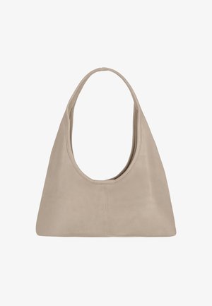 Beige Lederhandtasche mit glatter Textur, ausgestattet mit einem breiten, abgerundeten Schulterriemen und einem offenen oberen Design. Schlichte, minimalistische Form.
