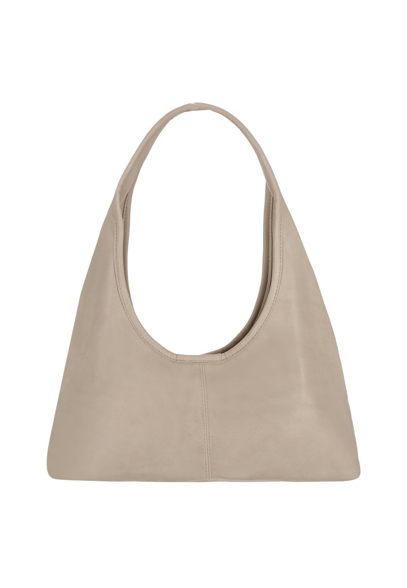 Beige læderhåndtaske med en glat tekstur, der har en bred, afrundet skulderrem og et åbent topdesign. Enkel, minimalistisk form.