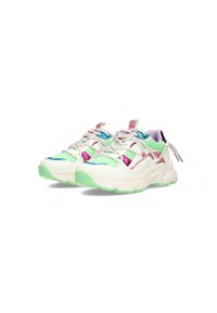 Sneaker chunky con tomaia bianca, suola verde e accenti iridescenti in rosa e blu. Presenta pannelli testurizzati e un design allacciato.