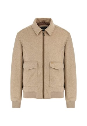 Giacca di lana beige con chiusura a zip, due tasche frontali a toppa, polsini e orlo a costine, e colletto. Presenta un'etichetta con logo sulla tasca sinistra.