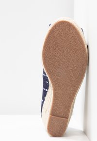 Semelle d'une espadrille compensée avec un fond en caoutchouc texturé, un dessus en tissu marine et une semelle intermédiaire en jute tressé, appuyée contre un mur blanc.