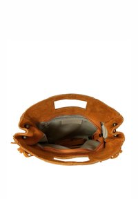 Zamszowa torebka w kolorze pomarańczowym z teksturowanym wykończeniem. Posiada otwarty wierzch, jasnoszarą podszewkę oraz różne przegródki, w tym kieszeń na zamek.