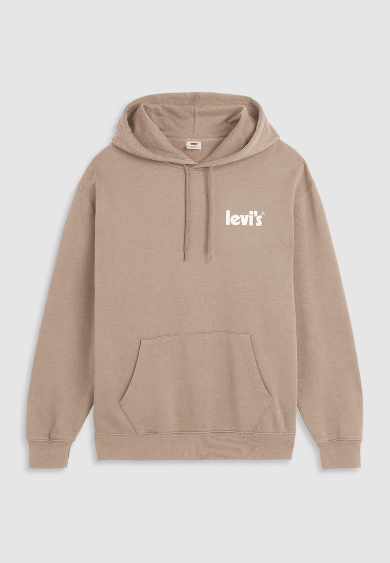 Sweat-shirt à capuche beige avec une poche avant, un cordon de serrage et un logo "levi's" blanc sur la poitrine. Fabriqué à partir d'un mélange de tissus doux.