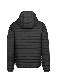 Schwarze Steppjacke mit einem gesteppten Design, ausgestattet mit einer Kapuze und elastischen Bündchen. Das Material wirkt glatt und leicht.