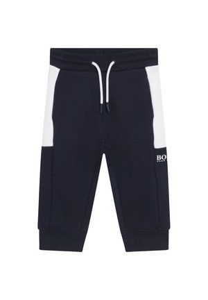 Marineblaue Sweatshorts aus Baumwollmischung mit weißen Seitenteilen, einem elastischen Bund mit Kordelzug und Logodetail nahe dem Saum.