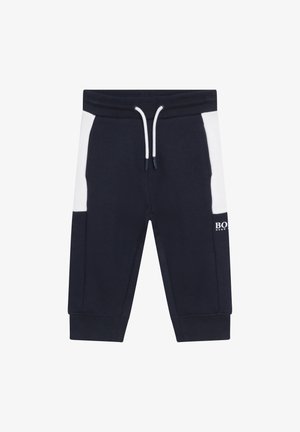 Pantaloncini da allenamento blu navy in misto cotone, con pannelli laterali bianchi, vita elastica con coulisse e dettaglio del logo vicino all'orlo.