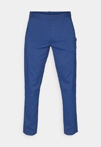 Blue trousers made of smooth fabric, featuring a straight cut, two side pockets, and belt loops. No visible patterns or hardware details.