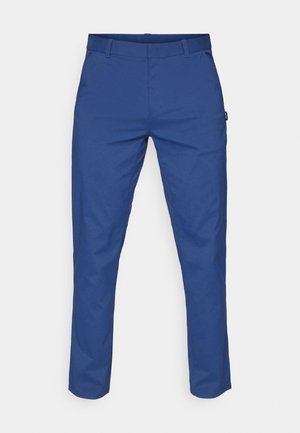 Blue trousers made of smooth fabric, featuring a straight cut, two side pockets, and belt loops. No visible patterns or hardware details.