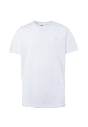 Camiseta de algodón blanca con mangas cortas, escote redondo y un pequeño logo de elefante sutil en gris claro en el lado izquierdo del pecho.