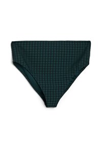 Tamsiai žalios spalvos aukštos juosmens bikini maudymosi kelnaitės su tinklo raštu. Pagamintos iš sklandžios medžiagos, turi elastingą juosmenį ir siuvinėtų detalių.