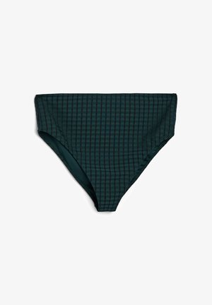 Bas de bikini taille haute en vert foncé avec un motif en grille. Fabriqué à partir d'un tissu lisse avec une taille élastiquée et des coutures détaillées.