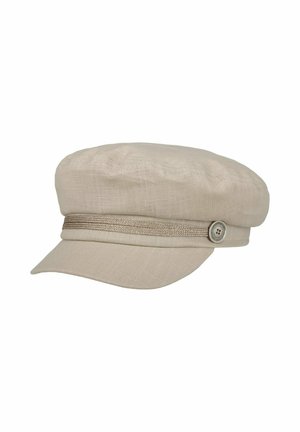 Beige linen flat cap with a short brim, decorative braided band, and a round button on the side.