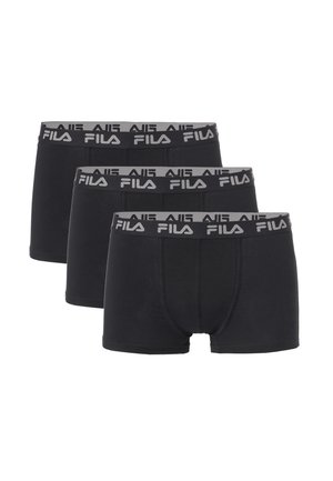 Tre boxer neri da uomo con fascia in vita grigia con loghi FILA bianchi ripetuti.