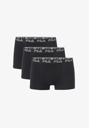 Tre boxer neri da uomo con fascia in vita grigia con loghi FILA bianchi ripetuti.
