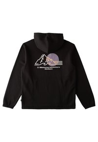 Schwarzer Hoodie mit grafischem Design auf der Rückseite, das Berge, Wellen und einen runden Sonnenuntergang zeigt. Weicher Stoff, lockere Passform und elastische Bündchen.