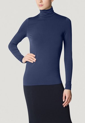 Marinefarbener Rollkragenpullover aus weichem, dehnbarem Stoff, mit langen Ärmeln und einer schmalen Passform. Der Saum ist gerade und glatt.