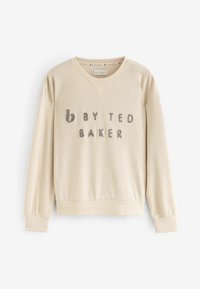 Beež ribaga sweatshirt pika varrukaga, ümmarguse kaelusega ja tekstuuriga kangast. Ees on kiri "b by Ted Baker".