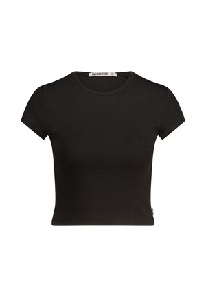 Black ribbed short-sleeve crop top with a round neckline. The fabric is textured, fitted, and features a tag with "AMERICA TODAY" inside.