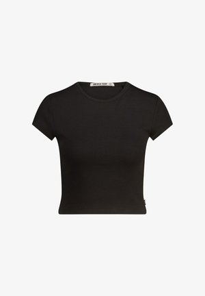 Black ribbed short-sleeve crop top with a round neckline. The fabric is textured, fitted, and features a tag with "AMERICA TODAY" inside.