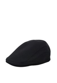Gorra plana negra hecha de tela texturizada. Presenta un pico curvado y una forma estructurada, con lados sin costuras y sin hardware visible.