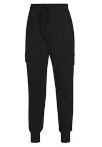 Czarne joggery cargo z elastycznym pasem, sznurkiem, ściśniętymi mankietami i dwiema bocznymi kieszeniami do przechowywania. Miękka tkanina o gładkiej fakturze.