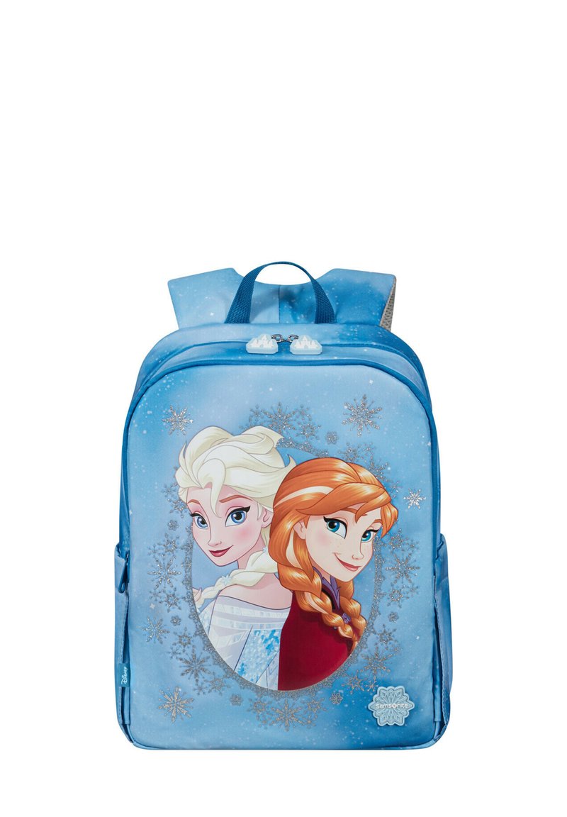 Blue children's backpack featuring licensed artwork of two animated characters with a smooth texture and snowflake patterns. Zipper closure and handle.