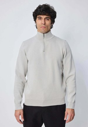 Pull en maille gris clair avec un col montant et une demi-fermeture éclair. Il présente des manches longues et une texture ajustée et lisse. Porté avec un pantalon foncé.